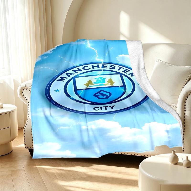 Manchester City FC Pattern Blanket for Home Decoration, Bed, Sofa, Car Travel, Camping, Suitable for All Seasons, Birthday Christmas Gift