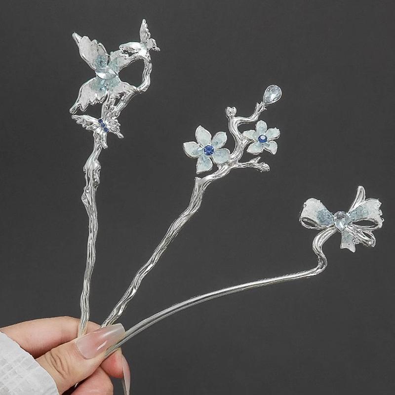 New Chinese Style Blue Crystal Butterfly Feather Hair Sticks for Women Handmade Hairpins Jewelry Accessories Hair Ornaments