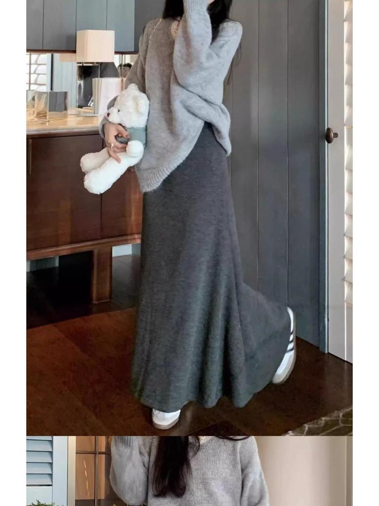 Women's High-Waist Gray Fishtail A-line Skirt – Elegant, Slimming Elastic Waist for Spring/Autumn