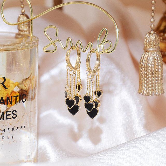 

Корейское покрытие 14k настоящее золото минималистичные ретро черные серьги-подвески в форме сердца кисточки темперамент роскошные нежные романтические серьги