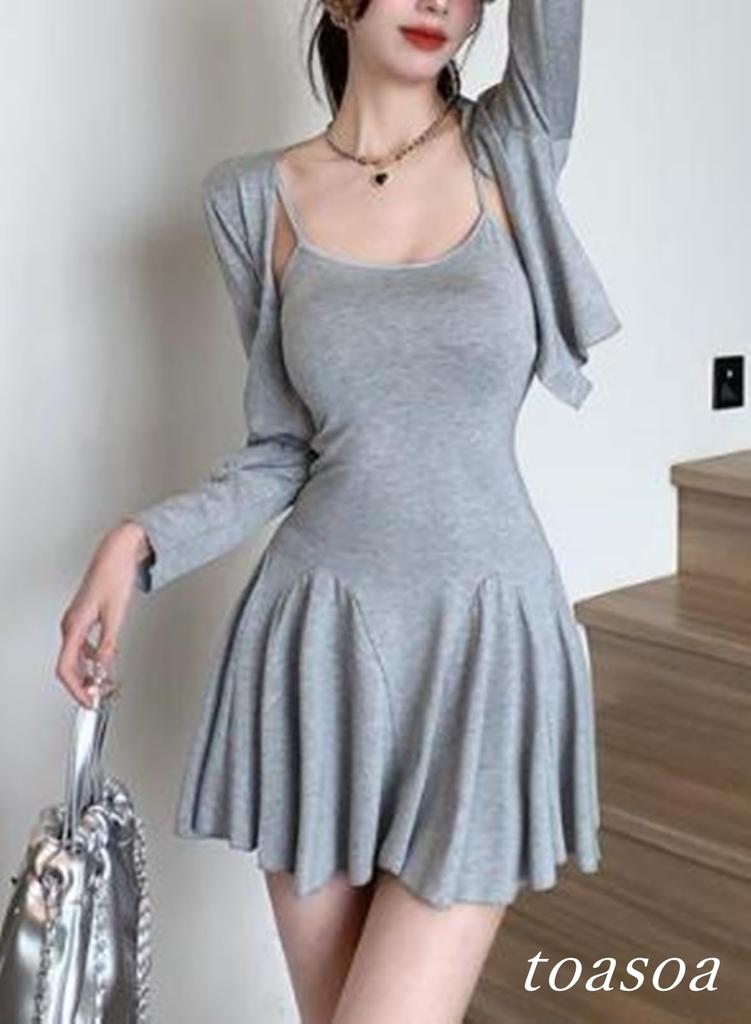 TOASOA Casual Camisole Mini Long Sleeve Set Women's Dress, Dress, Cardigan, 2-Piece (03 - XL, Gray)