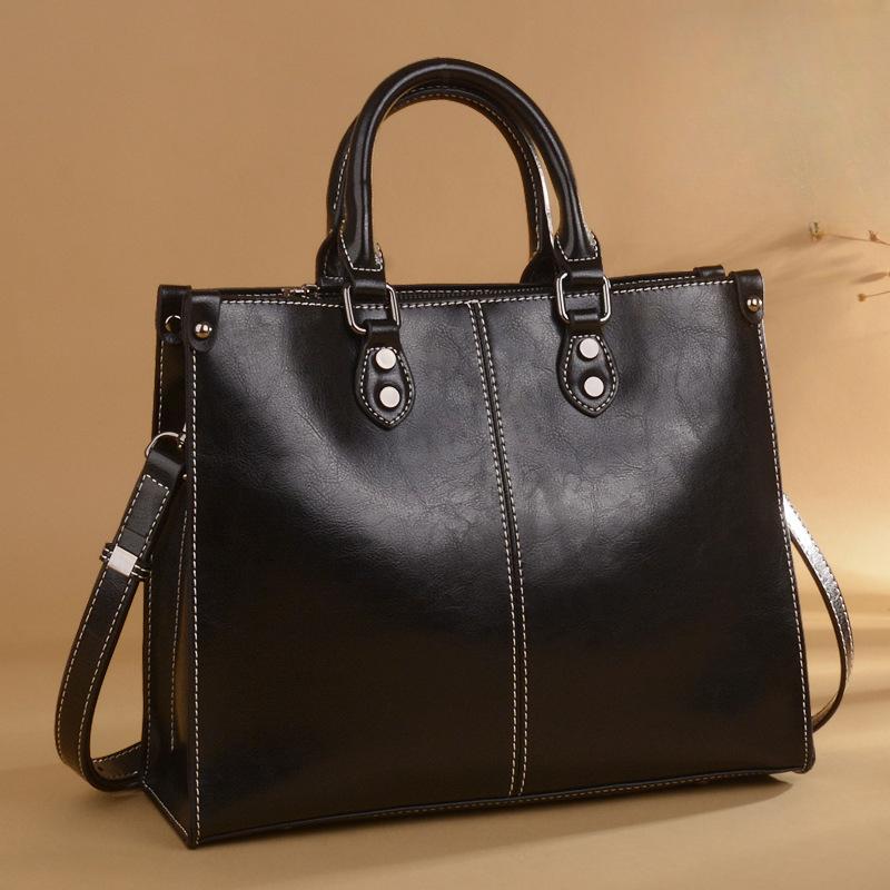 Summer European and American Retro Luggage Leather Goods Solid Color Tote Leather Stitching Ladies Shoulder Bag