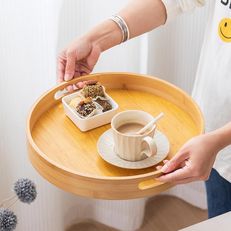 Wooden Round Serving Tray Decorative Serving Tray With Handles Drink Food Coffee Trays Multipurpose Serving Table Tray Round