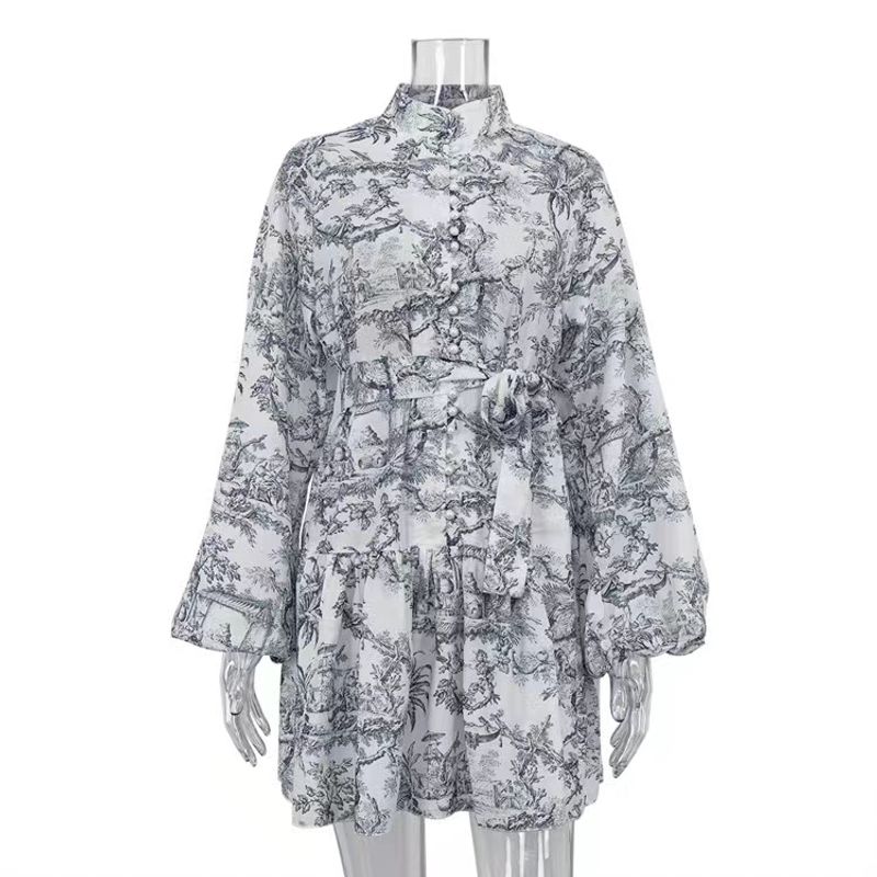 

Fashion Wind Print Puff Sleeves Stand-up Collar Tie Dress Standing Collar Printed Dress Gray S
