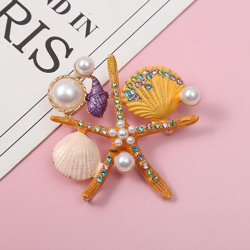 Korean Marine Life Brooch: Starfish & Shell Pin with Metal, Diamond, & Pearl Accents