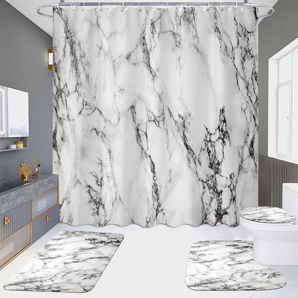 4Pcs Marble Series Shower Curtain Sets for Bathroom Non-Slip Bathroom Rugs Lid Toilet Cover Bath Mat
