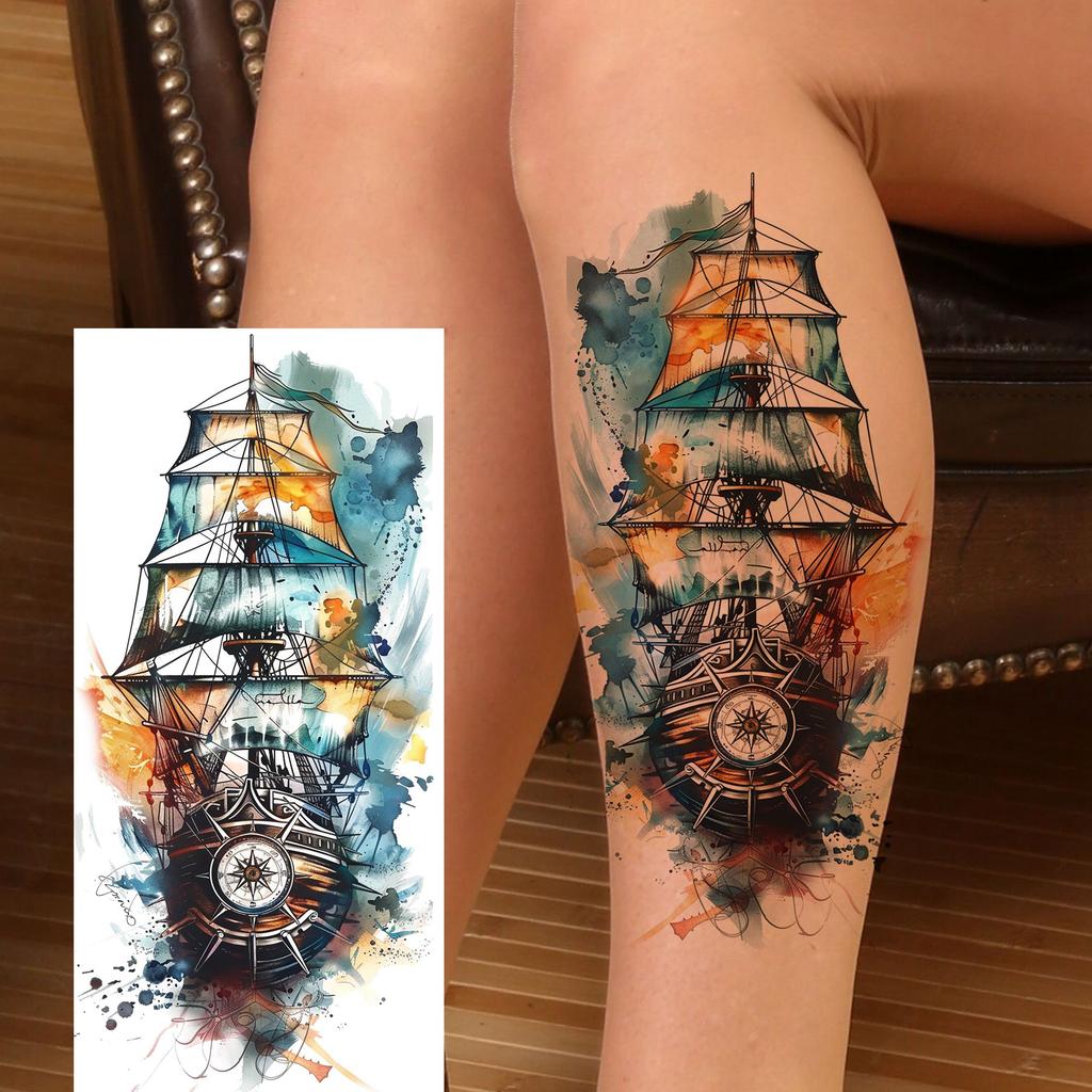 1 Foglio Impermeabile Nave Pirata Vela Tatuaggi Temporanei Per Uomo Donna Bussola Realistica Orologio Tatuaggio Finto Adesivo Lunga Durata