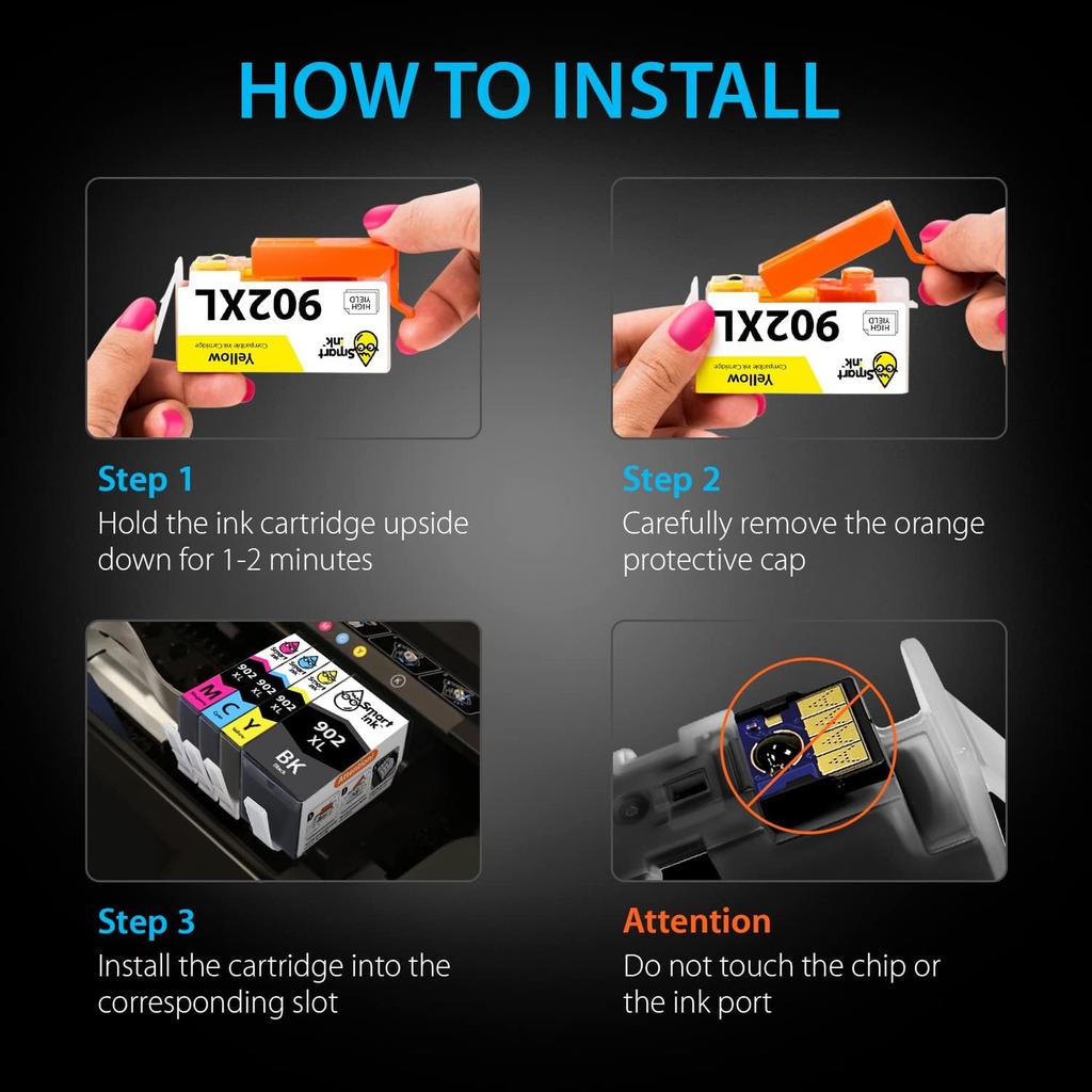 Smart Ink Compatible Ink Cartridge Replacement for HP 902 XL 902XL (4 Pack) Advanced Chip Technology to use with Officejet 6951 6954 6956 6958 6950