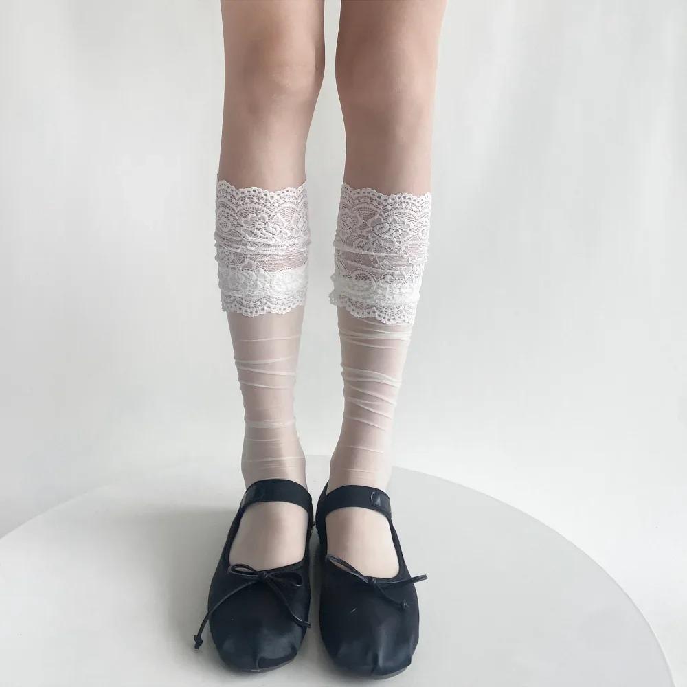 Knee Socks Stockings Women Ultra-thin Transparent Mesh Stockings Calf Socks Lolita Sweet Lace Floral Ruffle Socks Women Stocking