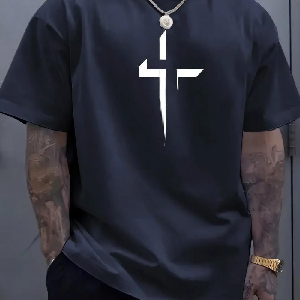 Men's Casual Summer T-shirts Round-neck Short-sleeved T-shirts And Creative Cross-shaped 3D Printed Loose And Comfortable Tops
