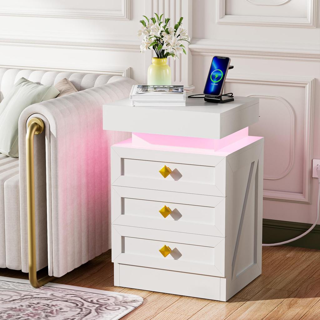 Bedside table, three drawers, with charging station, 2 AC power outlets/2 USB ports, European standard plug, white.