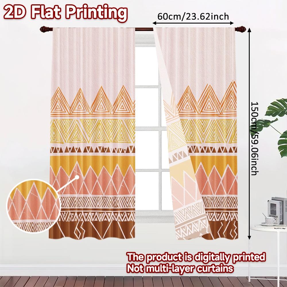 Set Of 2 Boho Flat Printing Curtains Without Rod Geometric Pattern Design New Year Festival Fashion Versatile Curtain Polyester