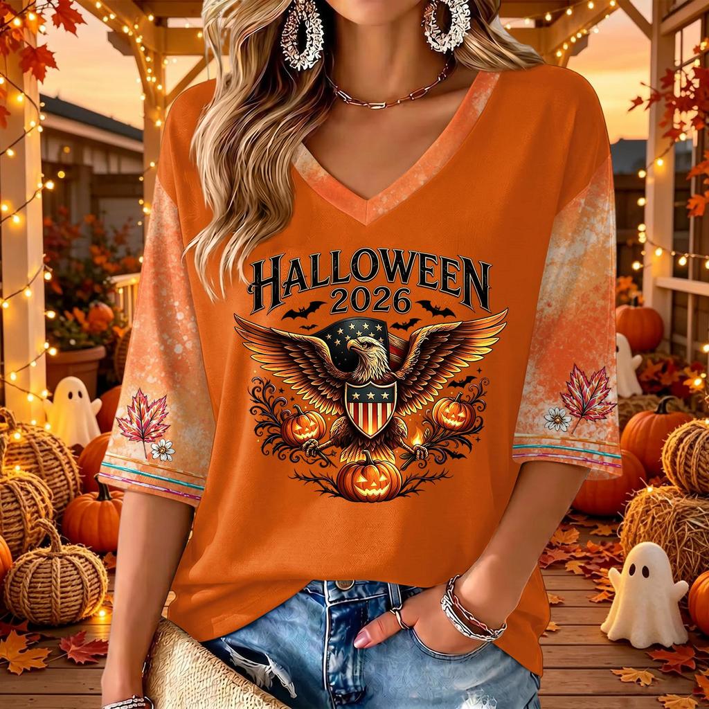 Women's Fashion V-Neck Printed 3/4 Sleeve Casual Top for Halloween