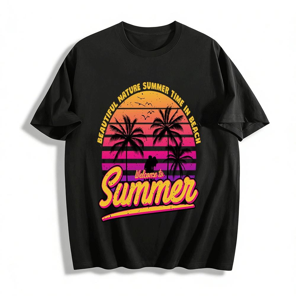 Summer Beach Coconut Tree Sunset Couple Print Casual T-Shirt Pure cotton T-shirt XXS