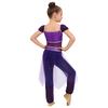 Girls Belly Dance Costume Arabian Princess Rompers Sequined Waist Tulle Overlay Jumpsuit Contrast Color Rhinestone Decor