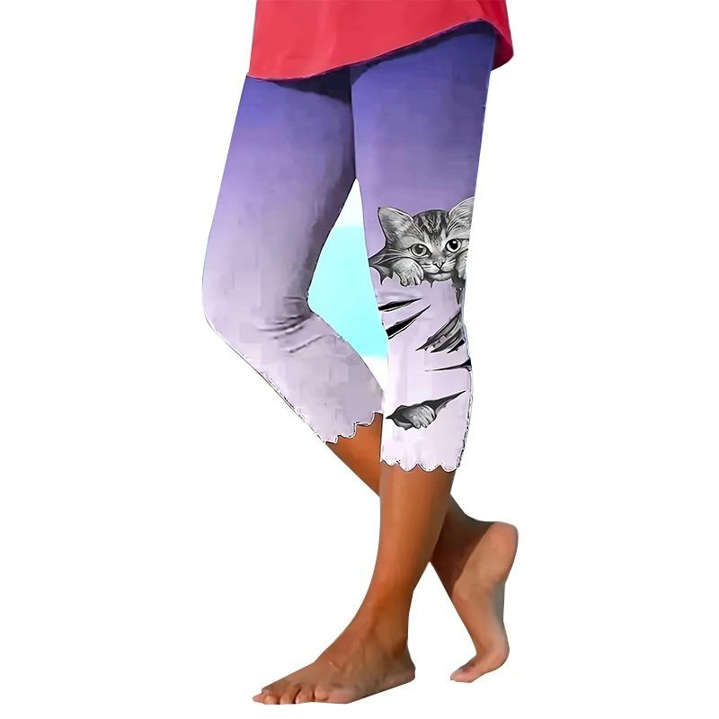 Casual Gato Estampado Slim Fit Mulheres Leggings Capris Moda Cintura Alta Correndo Calças Lady Elegante Skinny Moda Feminina Leggings Calças 24520