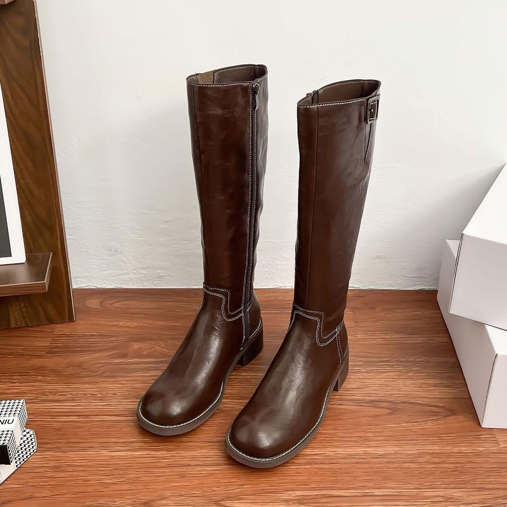 Piele de cal spălată~ Piele naturală cu talpă groasă dar cizme până la genunchi cizme maro de damă în stil retro britanic cizme înalte de cavaler