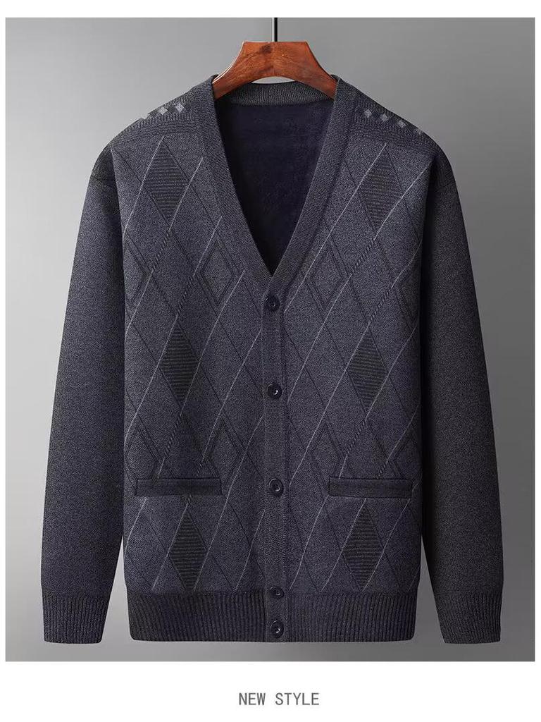 Men's V-Neck Knit Cardigan Sweater: Autumn-Winter Plus Velvet, Thickened, Loose Fit for Middle-aged & Elderly
