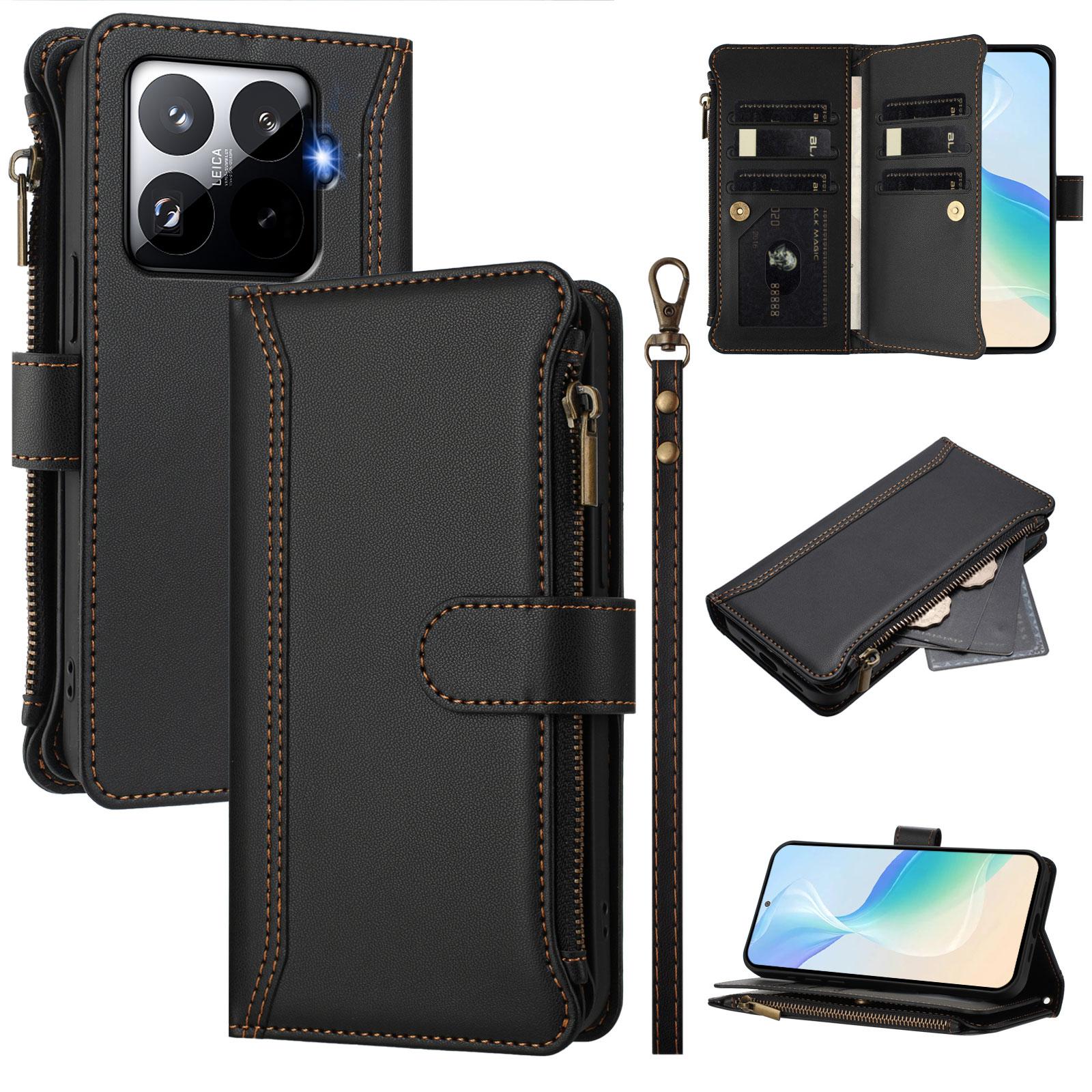 

For Xiaomi 15T Pro Leather Case 9 Card Slots Zipper Wallet Stand Phone Cover with Wrist Strap Black