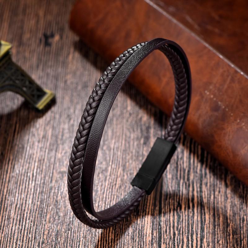 Minimalist Leather Cord Bracelet Men Stainless Steel Geometric Bangle Couple Jewelry Gift
