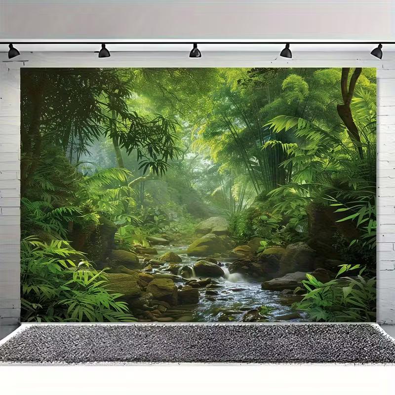 2D Grüner Dschungel Bach Natur Kulisse, Tropischer Regenwald Landschaft Foto Hintergrund für Party Dekoration