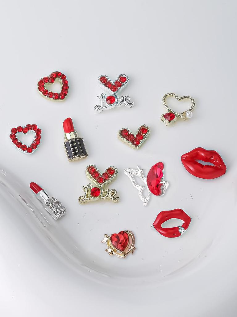 Valentine's Day Heart Perfume Bottle Mouth Lipstick Nail Charms 1Box(60pcs) 3D Alloy Nail Art Decorations DIY 2025 Gift For Girls