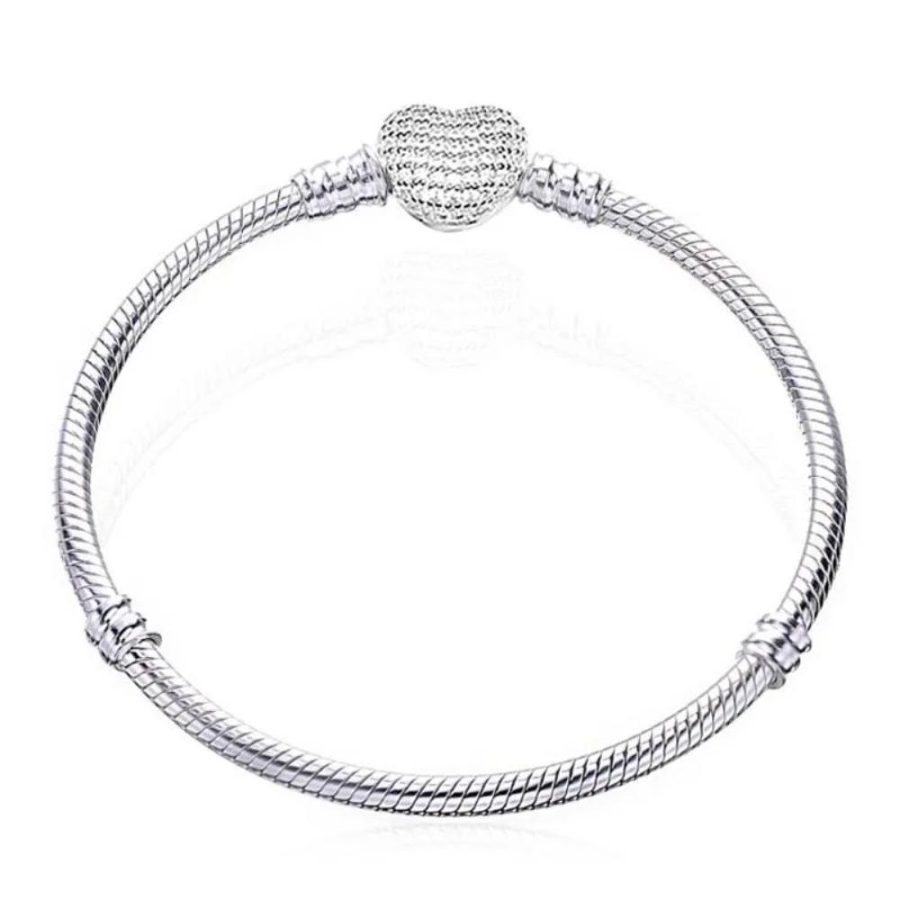 Handmade 925 Silver Pan Bracelets for Women Heart Snake Chain Bangle DIY Jewelry Fit Beads Big Sale