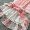 Summer Holiday Organza Gorgeous Flower 2 Piece Set Women Long Lantern Sleeve Shirt Blouse and Elastic Waist A Line Skirt Suit