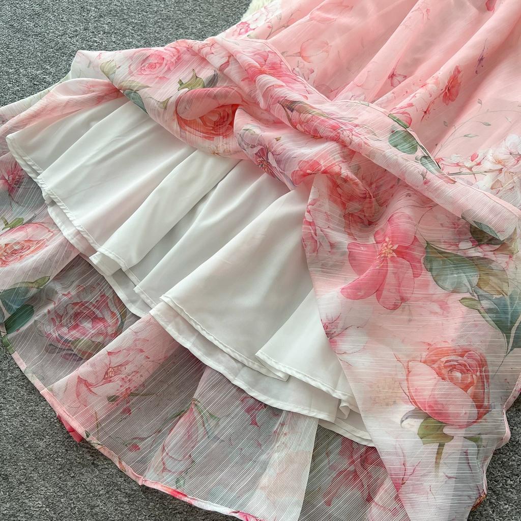 Summer Holiday Organza Gorgeous Flower 2 Piece Set Women Long Lantern Sleeve Shirt Blouse and Elastic Waist A Line Skirt Suit