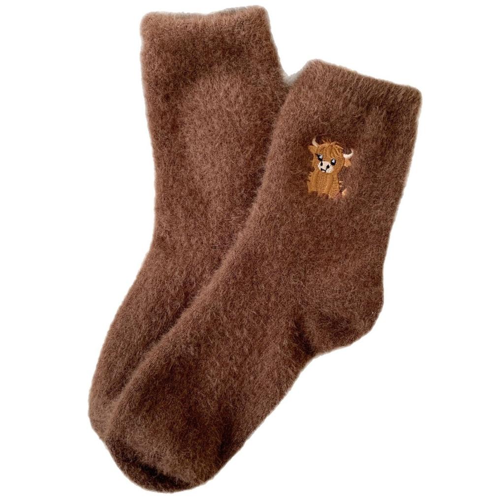 10-1 pairs Autumn and Winter Coffee Colored Cartoon Cow Embroidery Women's Socks with Thick Velvet and Warm Socks for Home Flooring, Mid Tube Socks