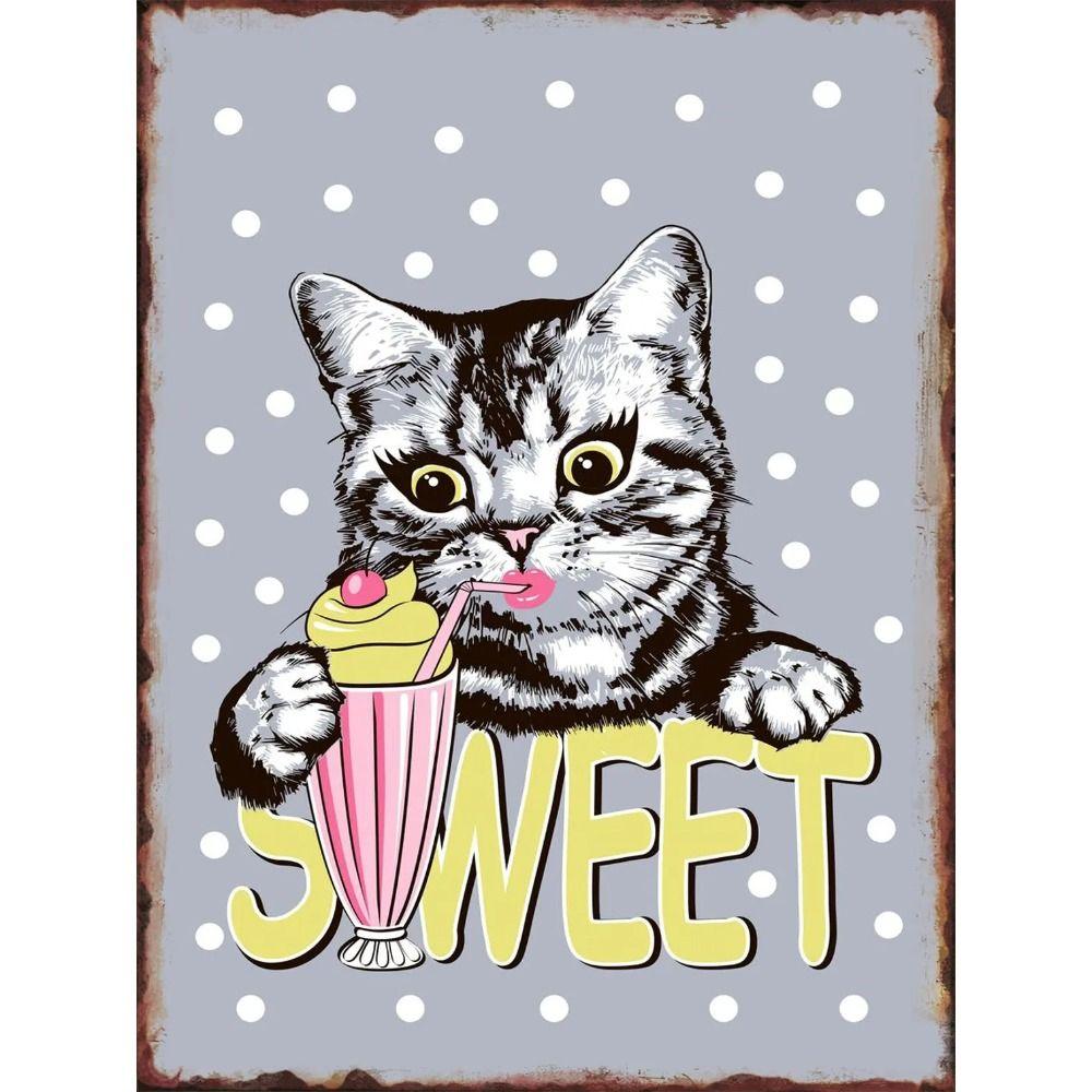 

Vintage Metal Tin Sign Cat with Strawberry Ice Cream Retro Wall Decor 20x30cm