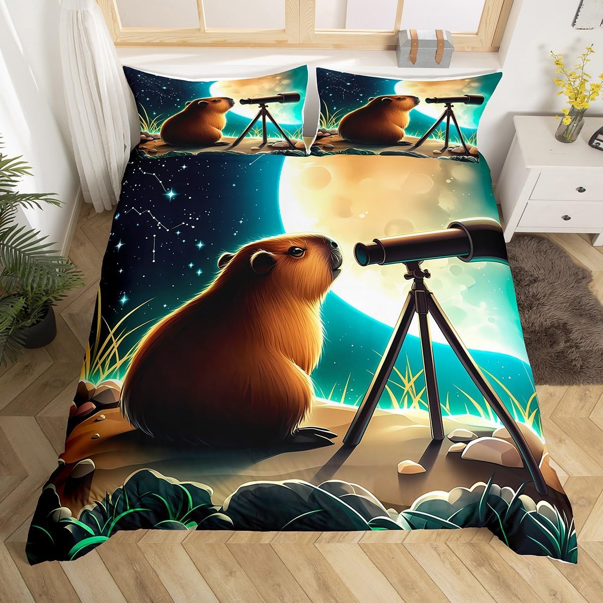 Jolie Parure de Housse de Couette Simple Capybara Ensemble de Literie Capybaras Dessin Animé, Housse de Couette Design Animaux Rongeurs Amusants pour Enfants Garçons Filles 100x135cm 2pcs