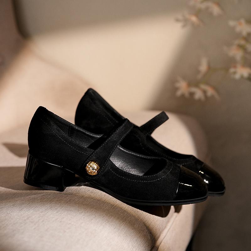 Sheepskin retro Mary Jane shoes women's word with shallow mouth single shoes small leather shoes round head thick heel splicing