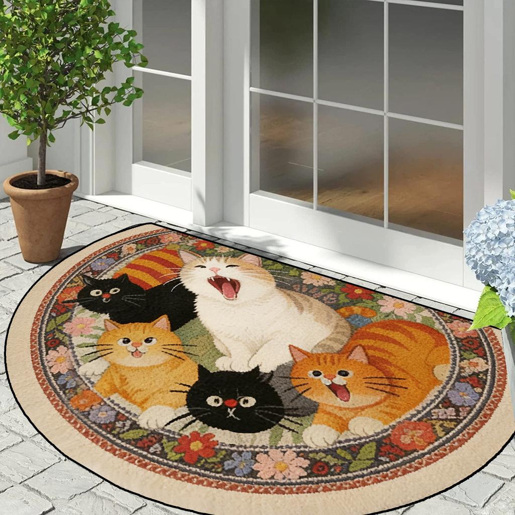 1Pcs Creative Cat Flower Semi Circle Welcome Doormat Non-Slip for Outdoor Patio Porch Kitchen Bathroom Entryway Floor Mat