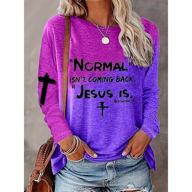 Letter and Heart Pattern Casual Long Sleeved Round Neck T-shirt for Women's Clothing