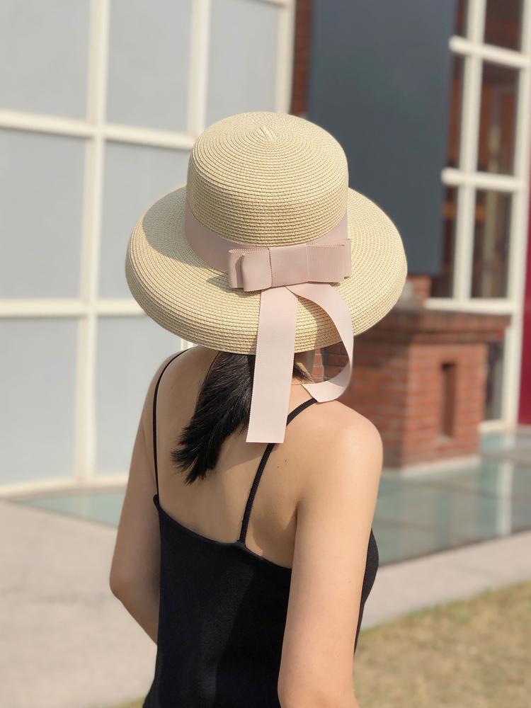 2025 New Summer Sun Hat Bow Straw Hat Visor Temperament Flat Panama Hats Women's Sea Beach Vacation Leisure Sunscreen Hat