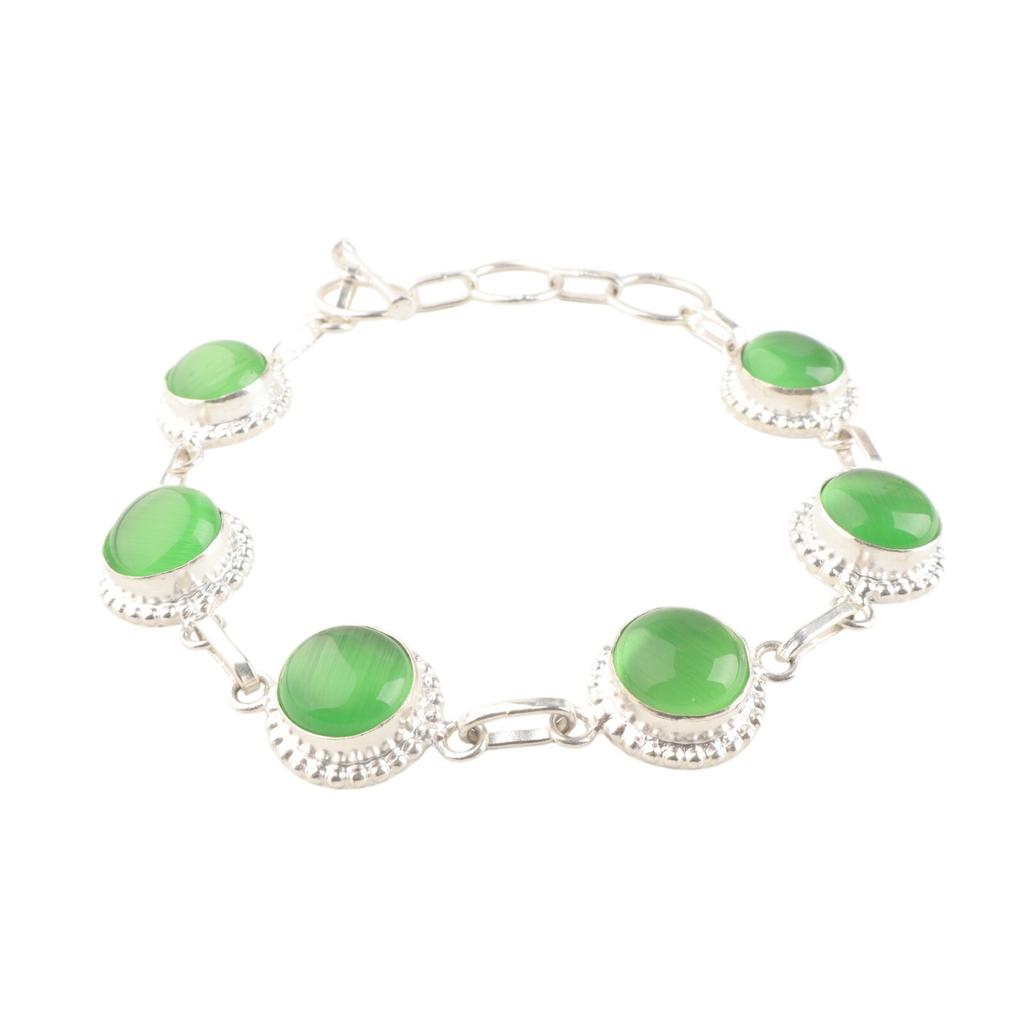 Natürlicher grüner Katzenaugen-Edelstein 925 Sterlingsilber Schmuck Handgefertigtes Armband RB-9-36