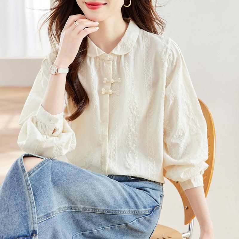 Apricot Embroidered Shirt for Women Long-sleeved High-end Top Spring New Chinese Style Pure Cotton Button-down Shirt