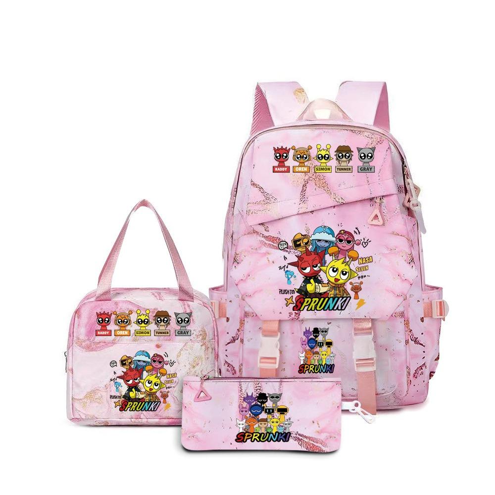 Around the box, elementary school bag sprunki cartoon backpack three-piece set D