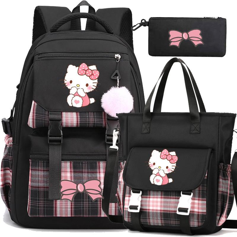 Hello Kitty Student Backpack Set With Nylon Material For School And Teen Use Black B