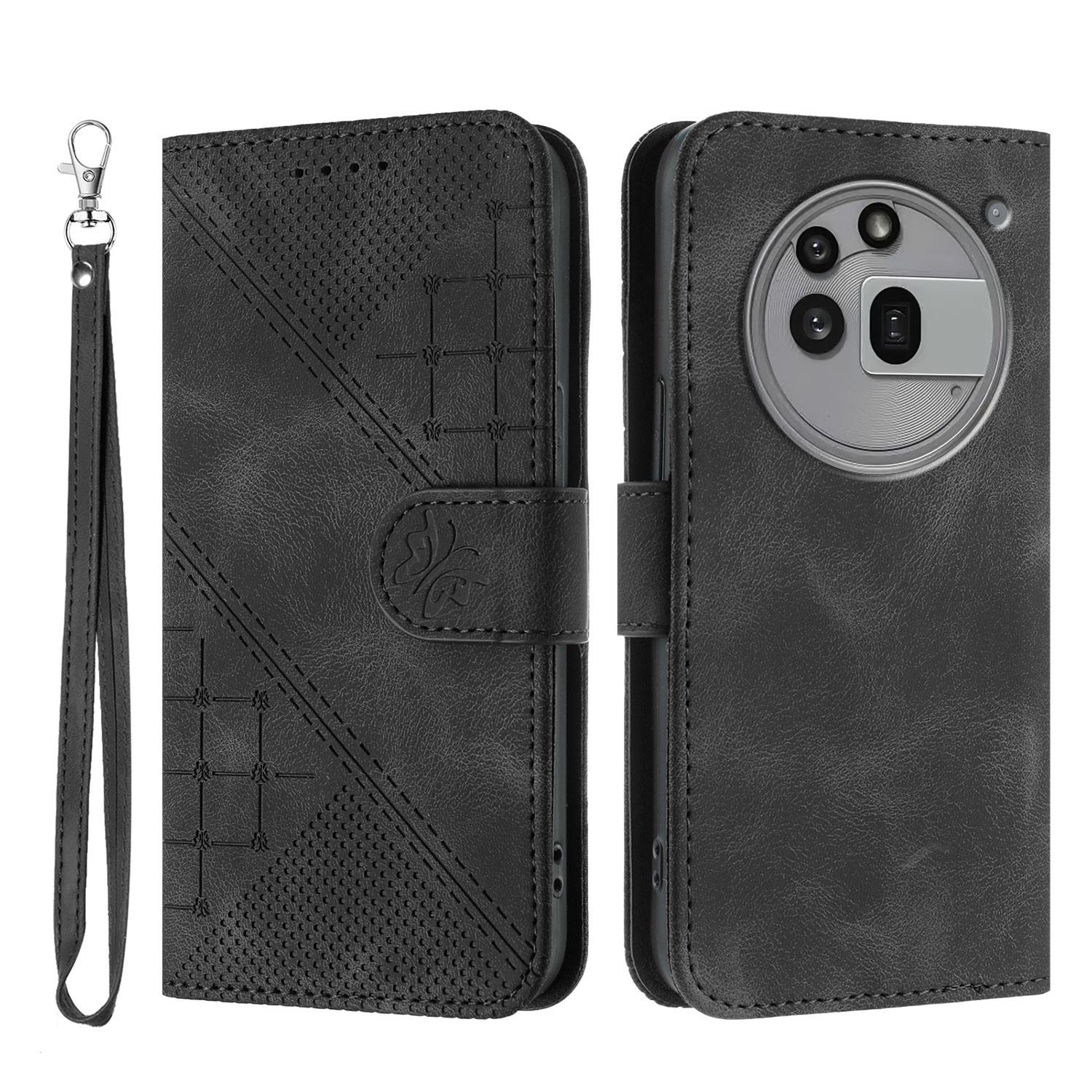 

For Nothing Phone (3a) Pro Leather Wallet Case Butterfly Flower Imprinted Phone Cover with Strap Black