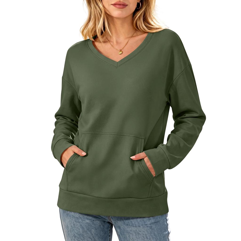 Women's Casual V-Neck Long Sleeve Pullover Sweatshirt with Pockets