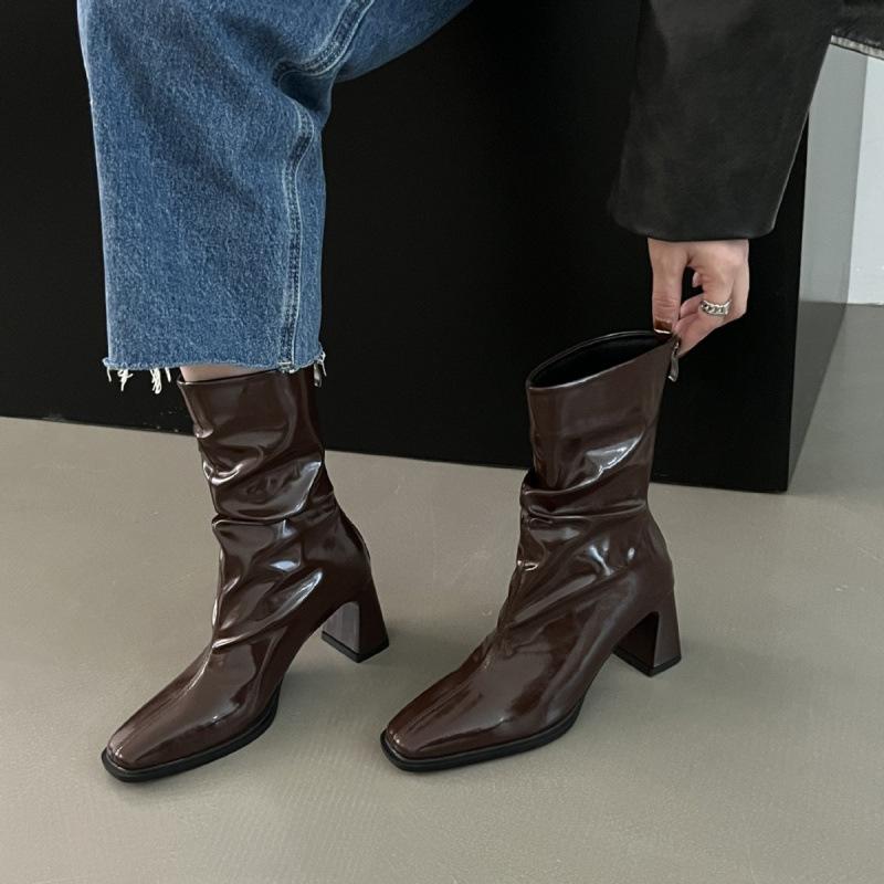 French Temperament High-heeled Thin Short Boots Women's Shoes 2025 New Autumn and Winter Pleated Square Head Short Boots Children