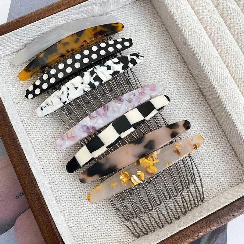 Exquisite Acetate Print Checkered Hair Comb Hairpin Vintage Side Hair Clip Hairgrip Fashion Hair Accessories For Women Headdress