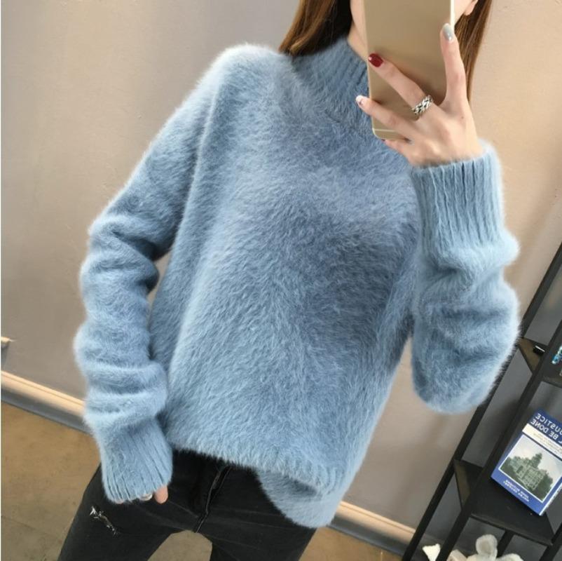 2024 Autumn Thick Velvet Warm Pullover Sweater Women Winter Clothing Fashion Loose Outerwear Half High Neck Knitted Sweaters Ladies Tops 25143
