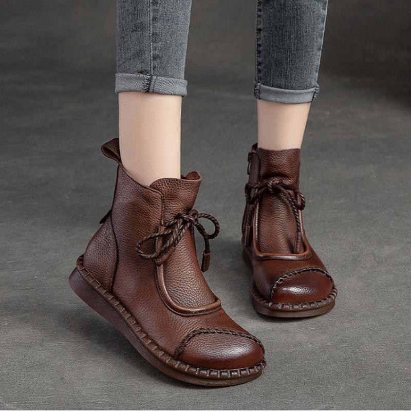 Johnature Flat Bottom Plush Warm Cotton Boots Solid Color Retro Genuine Leather Women's Short Boots