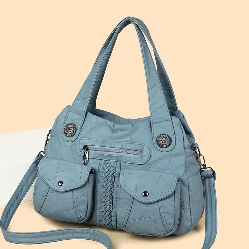 Women's Brown Textured Leather Hobo Bag Braided Detail Multi-Pocket Crossbody Shoulder Bag Fashion Casual Daily Handbag