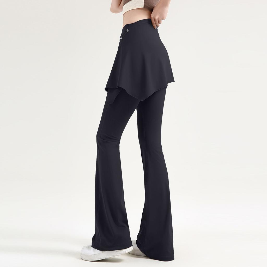 Damen 2-in-1 High Waist Weitbein-Hose, Lässige Sport-Hose in Unifarbe, Yogahose