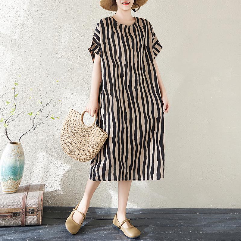 

Real Shot Summer Knee-Length Cotton Linen Printed Dress with Literary Style Plus Size