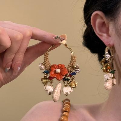 Bohemian Rattan Flower Elephant Fringed Earrings Retro Ethnic Style Earrings Design Sense Earrings